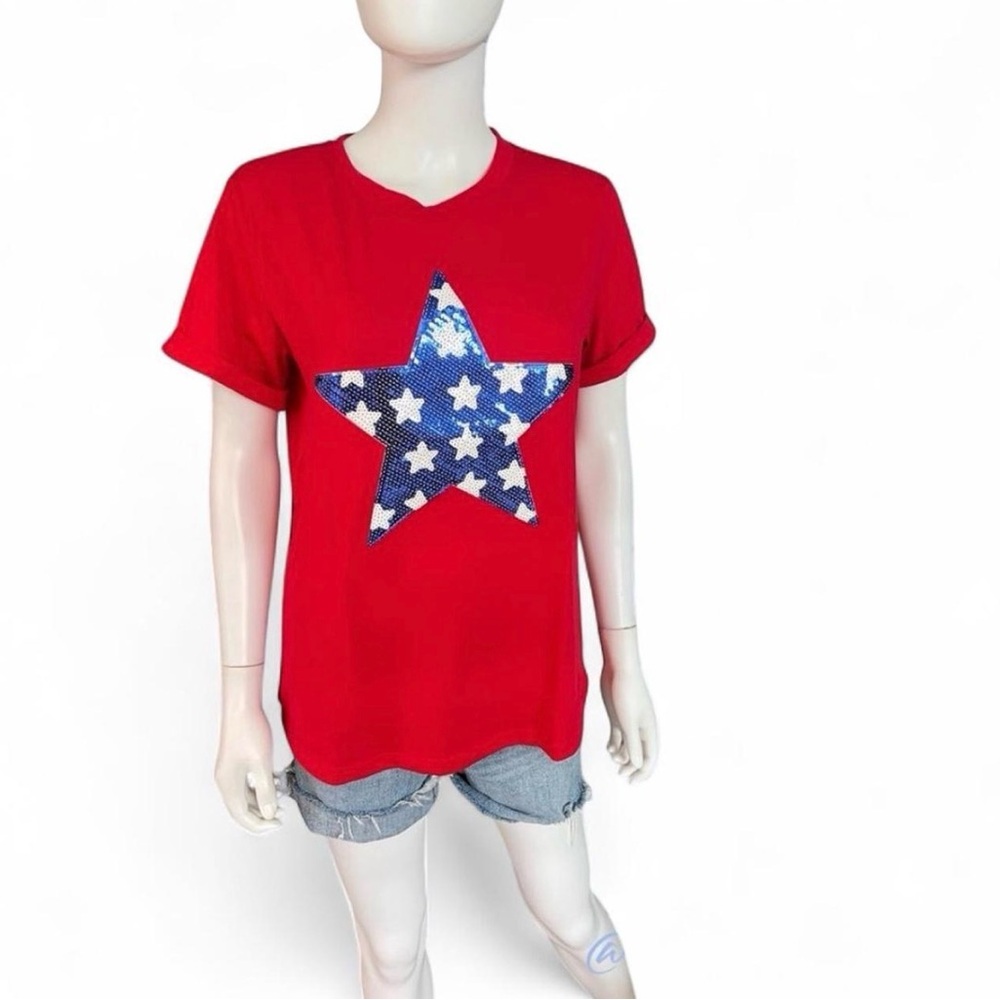 POODIT red loose soft sequin star patriotic tee S M L XL - Picture 2 of 4